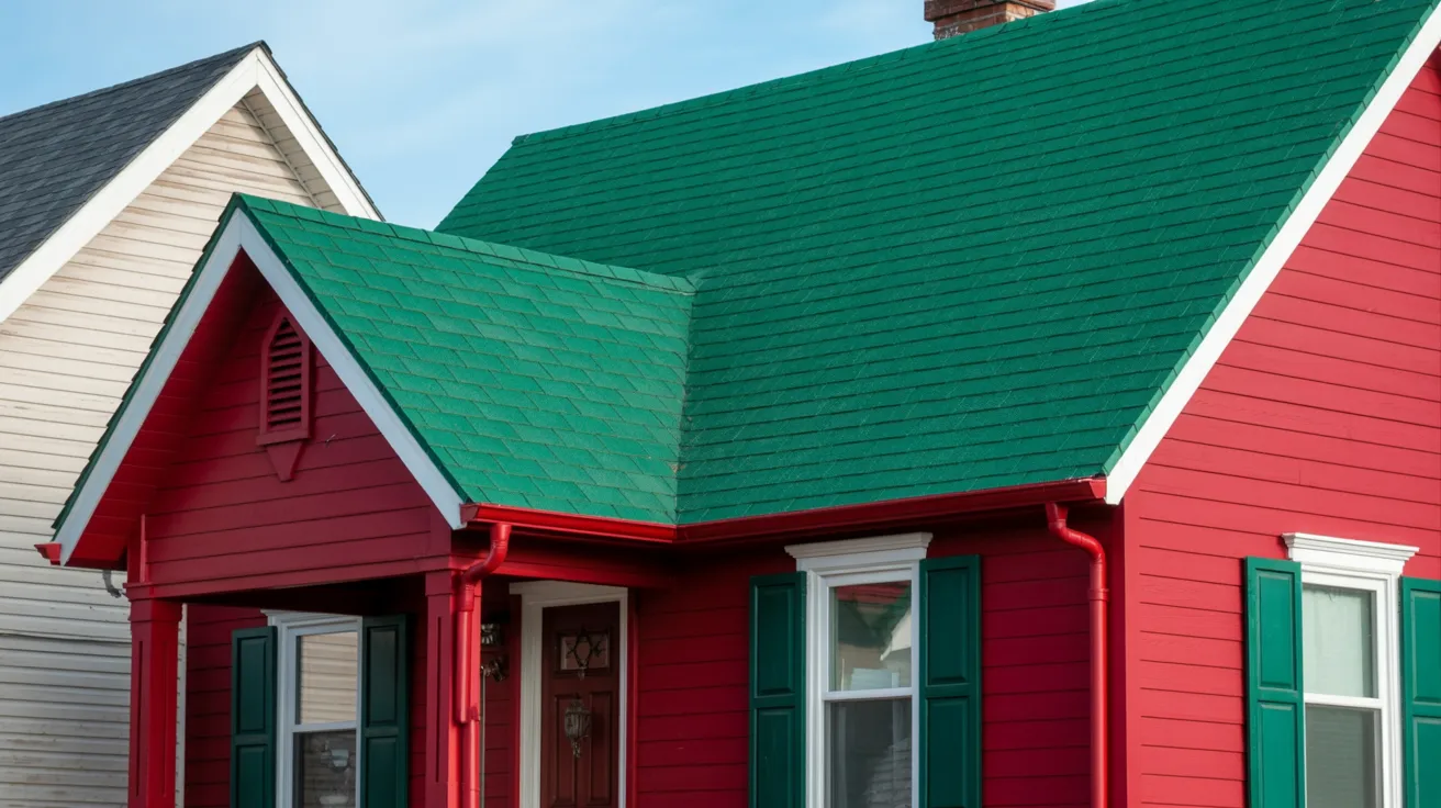 house with green painted roof and red walls creating strong seasonal clash and unbalanced exterior color combination that feels overwhelming.