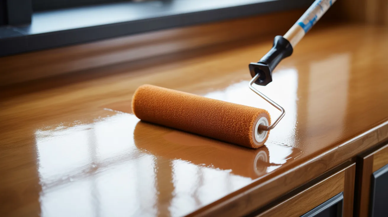 Foam roller creating smooth paint finish on cabinet surface with glossy even coating.