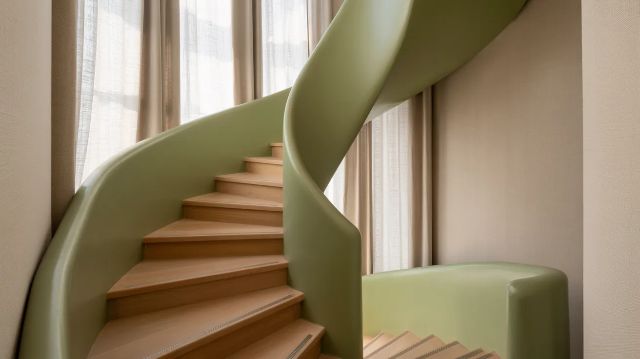 staircase with sage green railings and neutral tones creating soft organic calming interior with natural textures and balanced design.