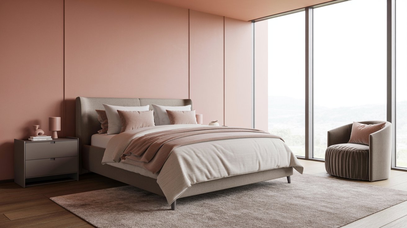 Modern bedroom with blush pink walls and gray decorative elements.