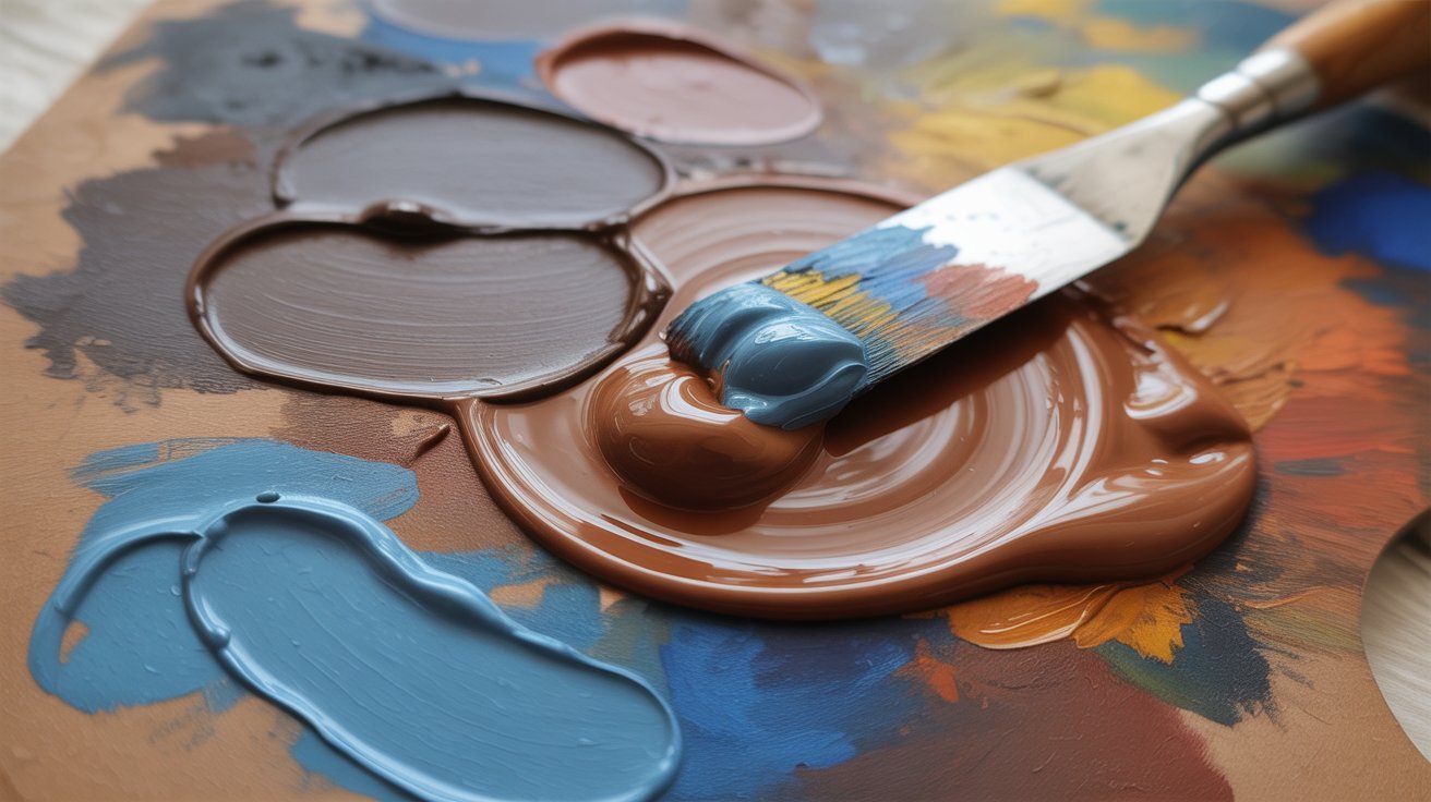 Blue paint mixed into brown paint to create a cooler brown shade.