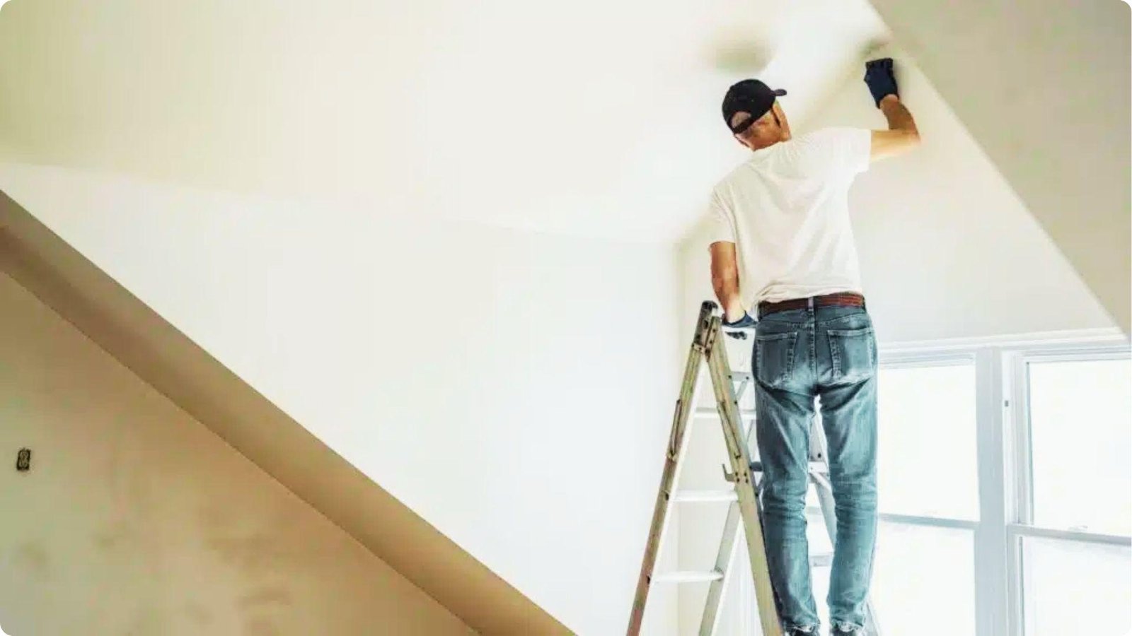 Painter in jeans and a cap stands on a ladder, touching up a white ceiling in an attic-style room with sloped walls.