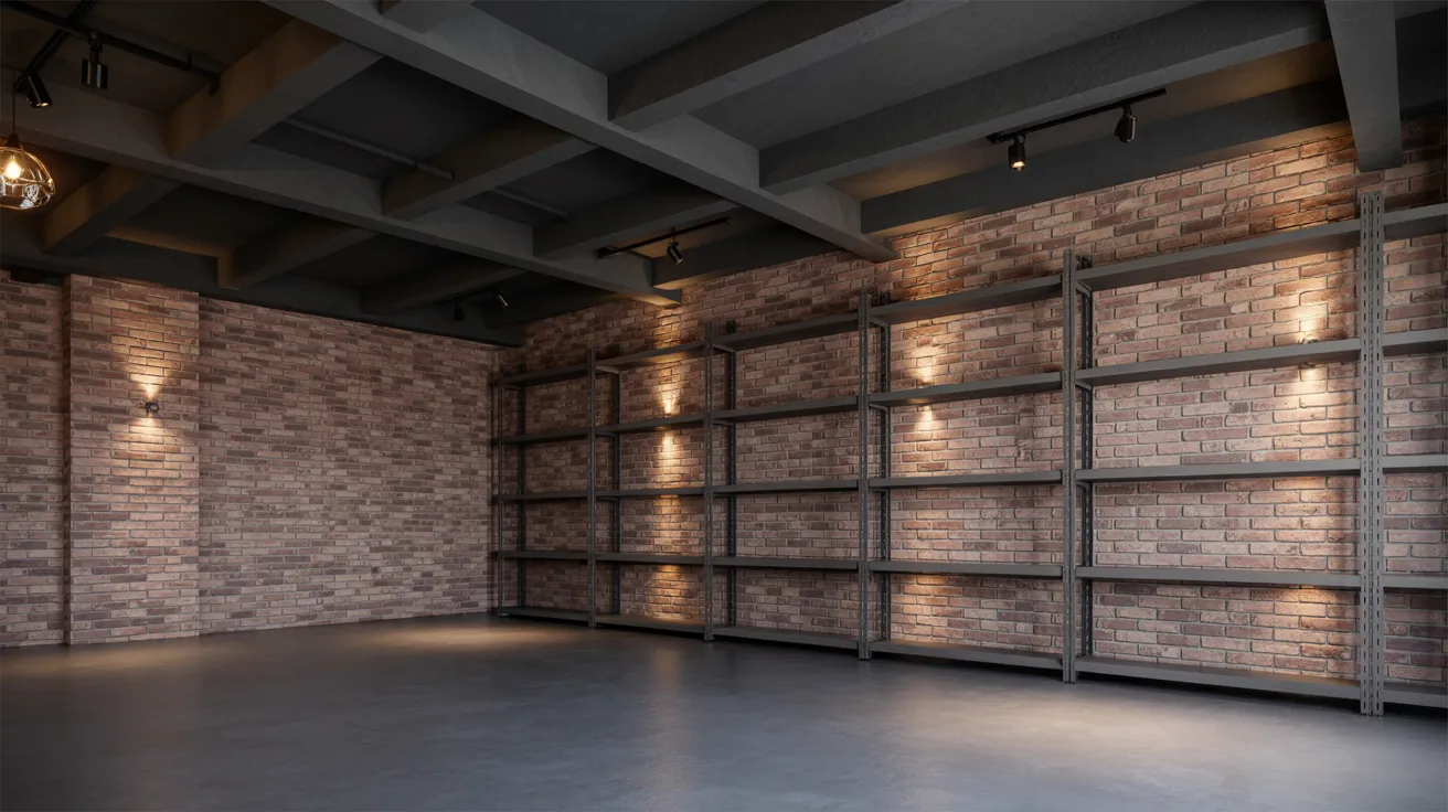 Industrial basement with black ceiling combining brick metal and concrete elements creating cohesive modern loft style interior design.