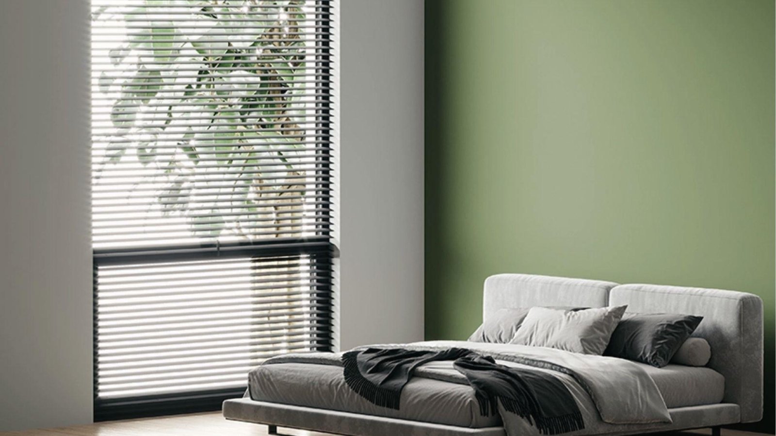 Minimal bedroom with Olive Green and White vertical two tone wall beside bed and window blinds.