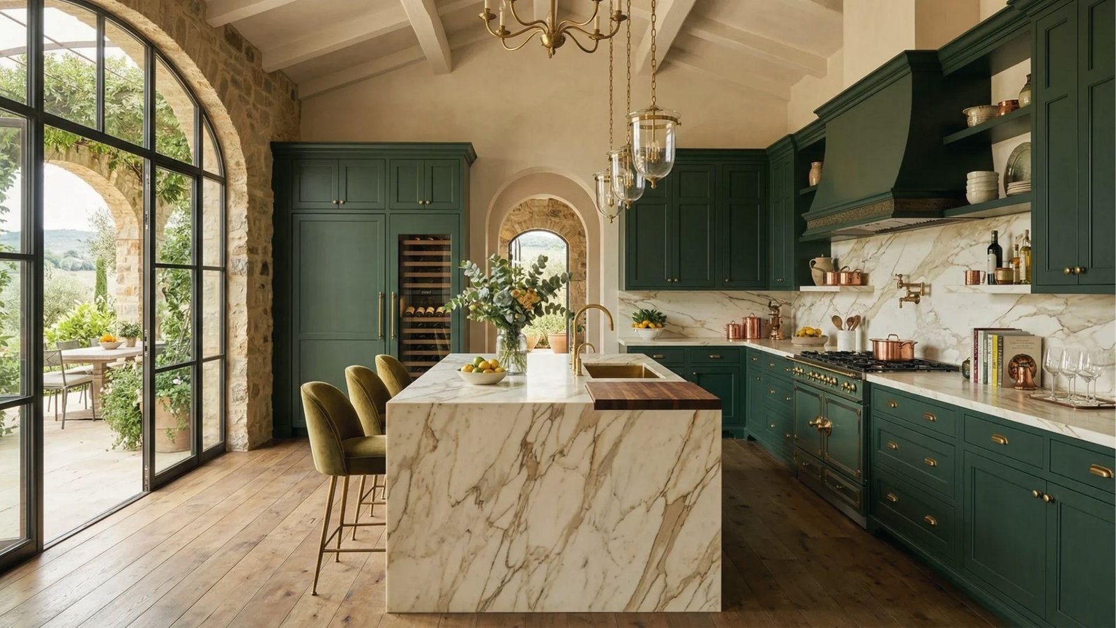 Deep forest green cabinets, marble counters, brass fixtures, stone arches, luxe Tuscan color palette