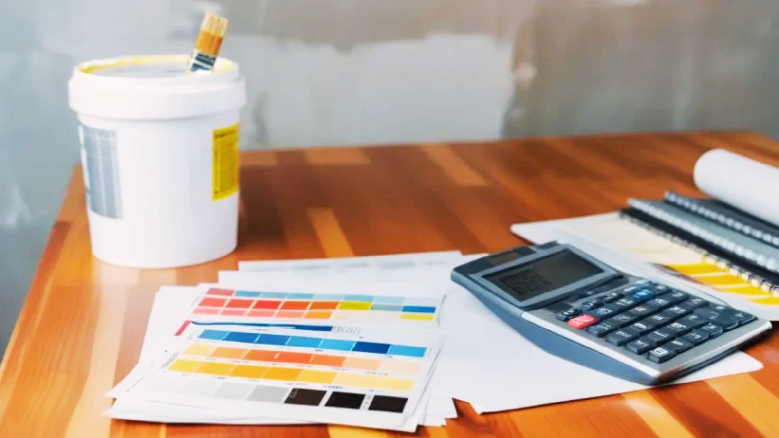 Calculator and paint bucket used to estimate paint weight
