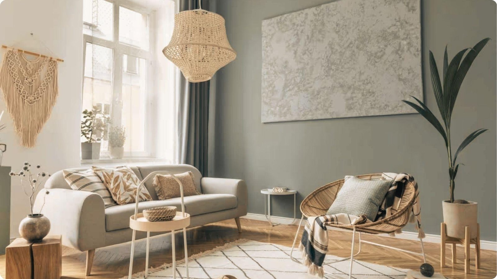 Bright living room with sage-green painted walls, neutral sofa, rattan furniture, and natural light from large windows.