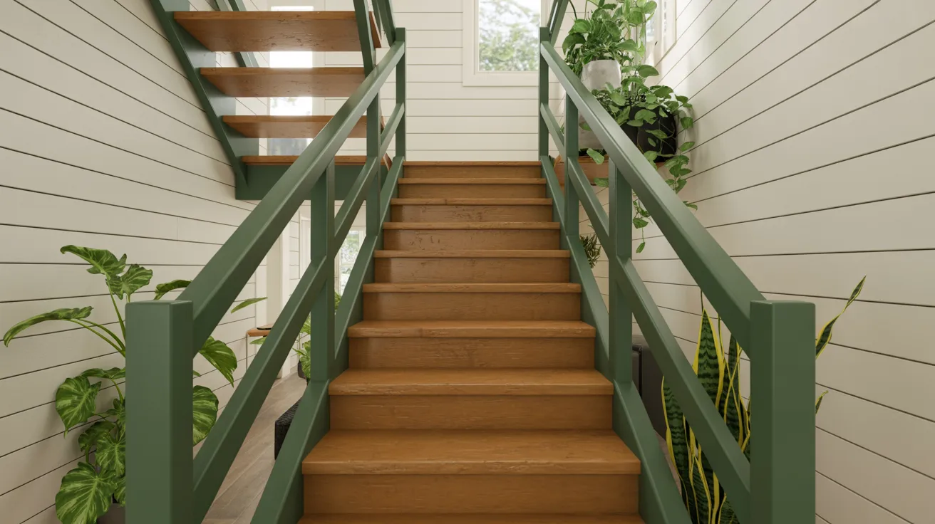staircase with forest green railings and wood steps creating earthy calming interior with natural warm and balanced home atmosphere.