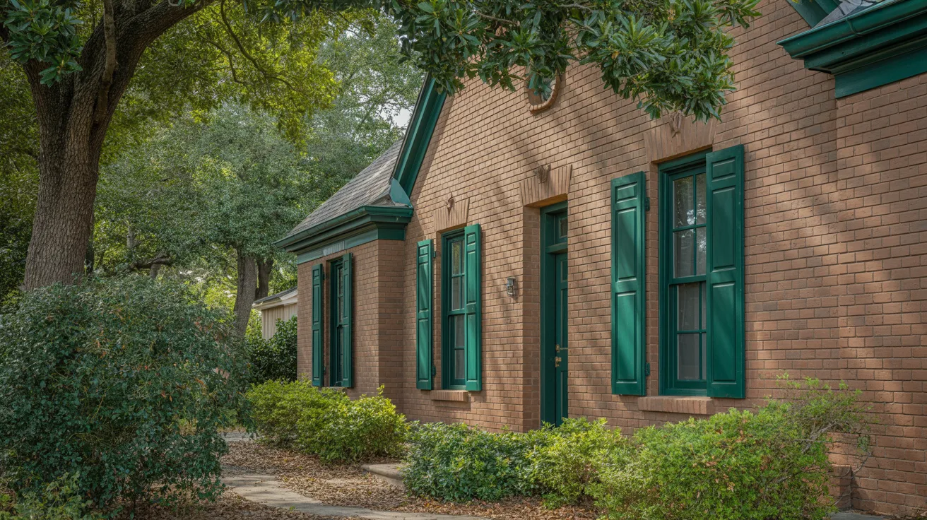 brown brick house with forest green accents blending naturally into outdoor landscape for organic earthy feel.