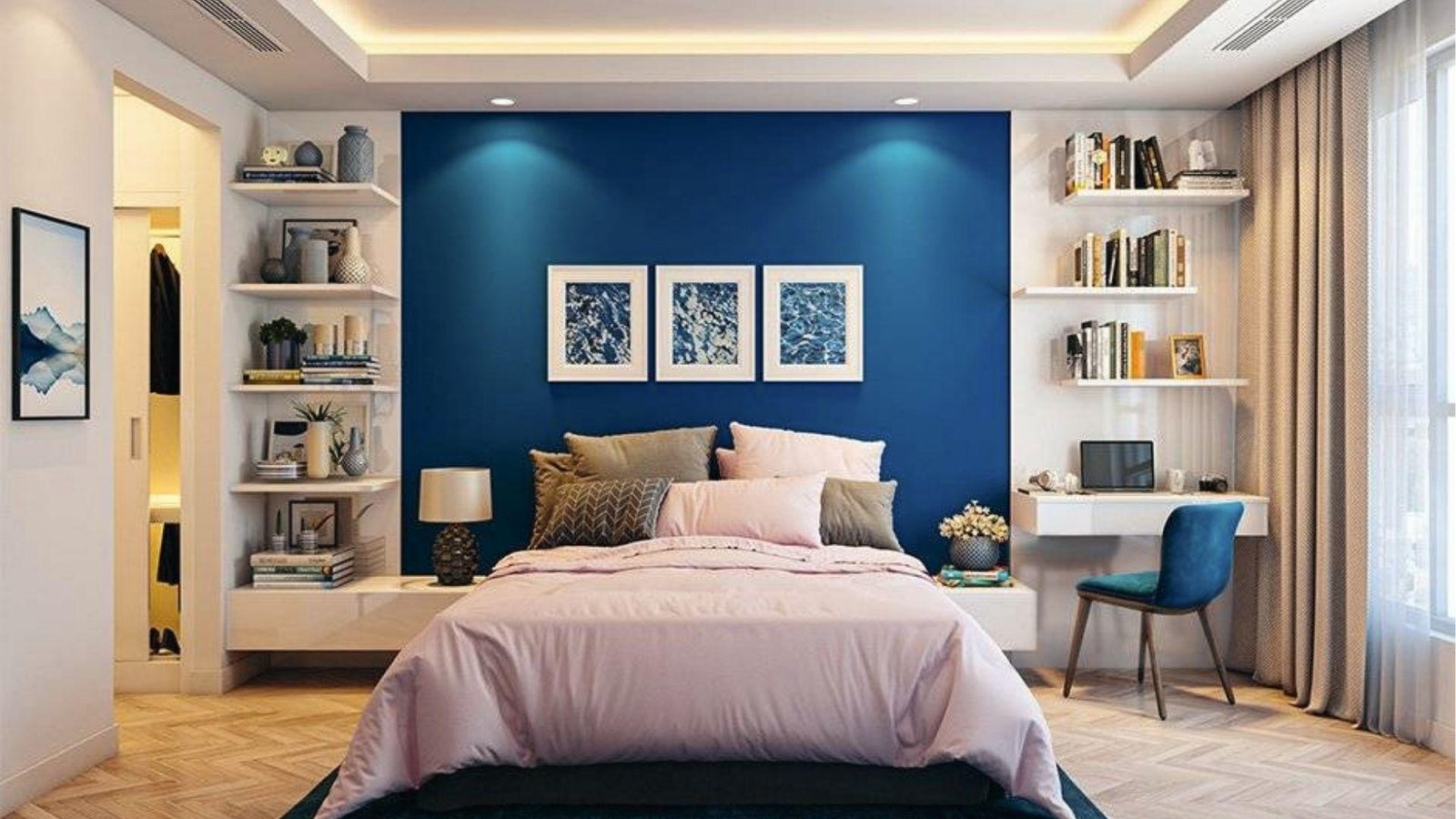 Modern bedroom featuring royal blue and gray walls with metallic accents.