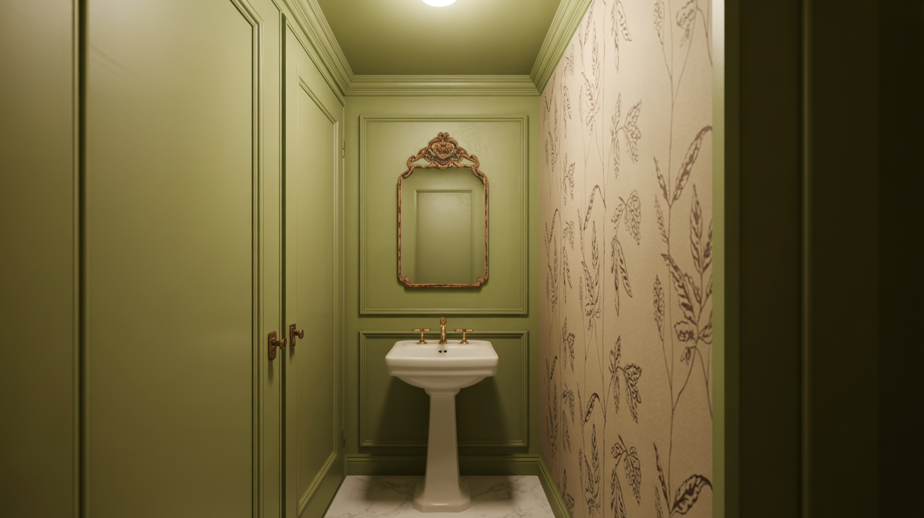 Small powder room using the same paint color on walls and ceiling.