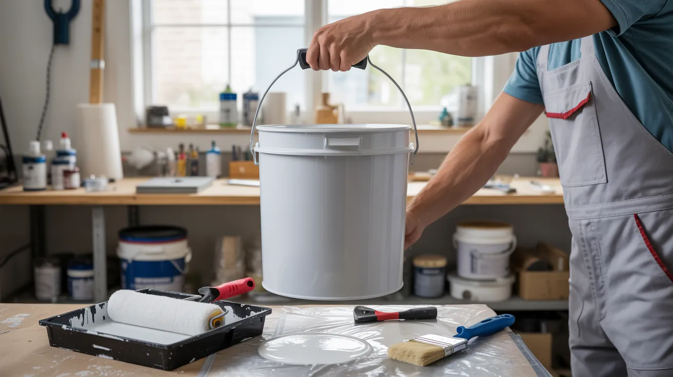 Full 5-gallon paint bucket being lifted in a home renovation workspace with painting supplies nearby.