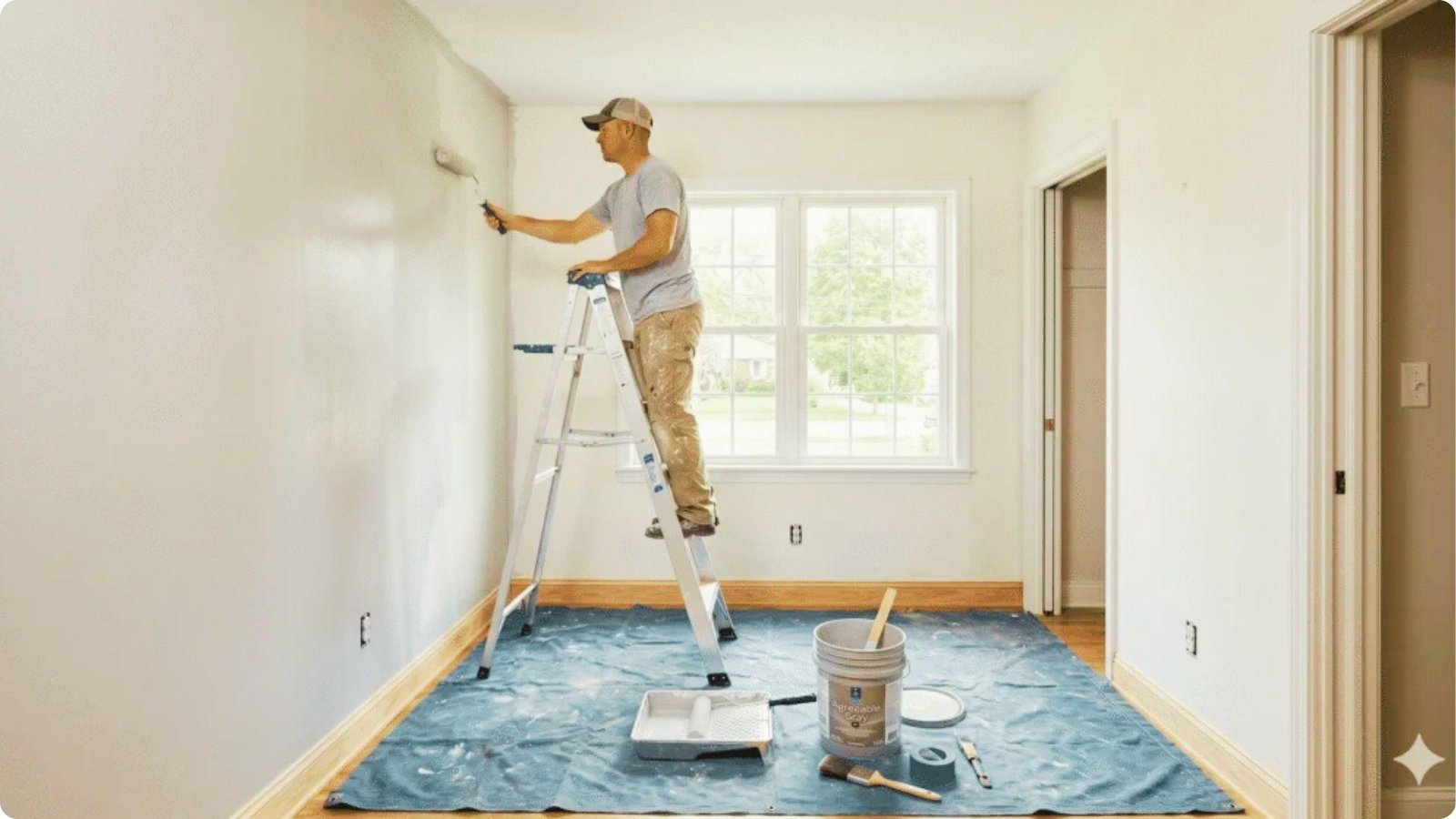 Man on a ladder rolling light paint onto a wall with drop cloths and supplies below.