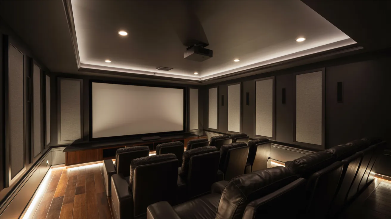 Basement home theater with black ceiling improving screen contrast and lighting creating immersive cinematic viewing experience space.