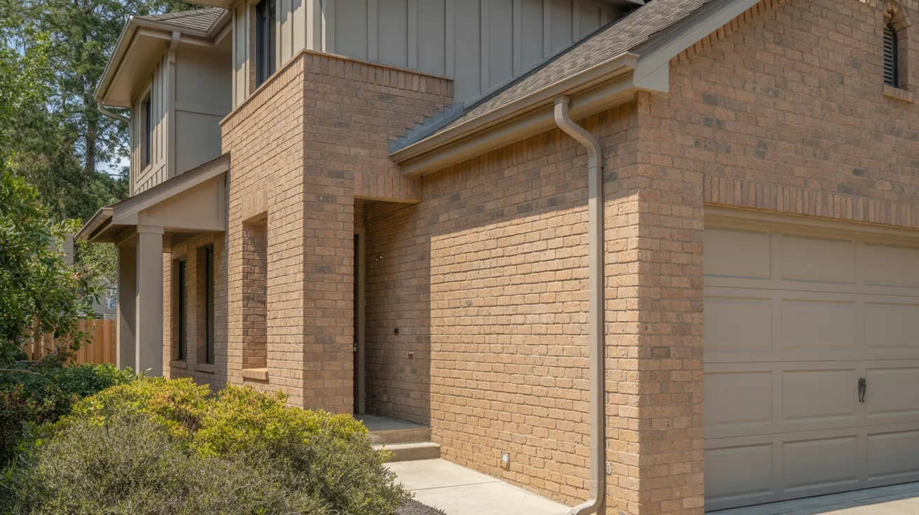 brown brick home with greige accents creating balanced neutral exterior color scheme.