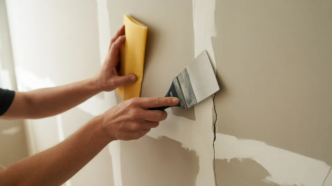 A person filling wall cracks with spackle and a putty knife before painting