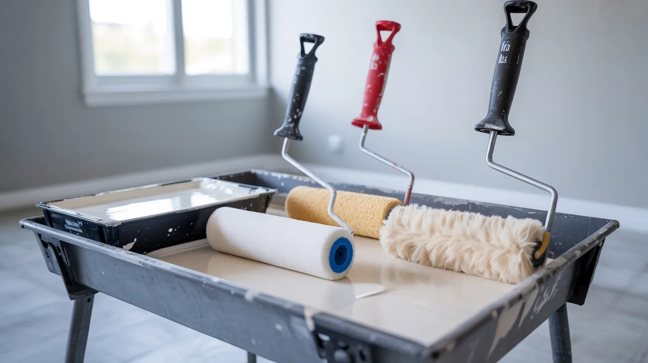 Different paint rollers arranged in a modern painting workspace showing tools used for various wall surfaces.