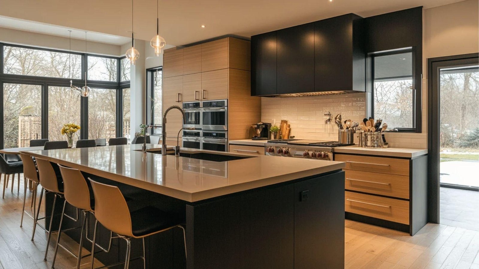 Two-tone kitchen with black island, light wood cabinets, white counters, modern warm neutral scheme