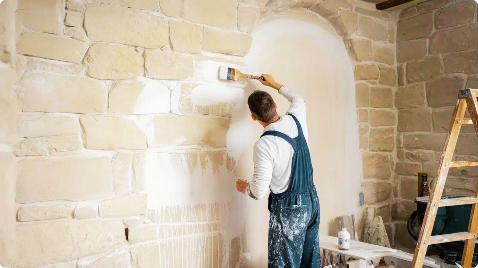 A person in paint-splattered overalls applies whitewash to a rough stone wall with a wide brush.