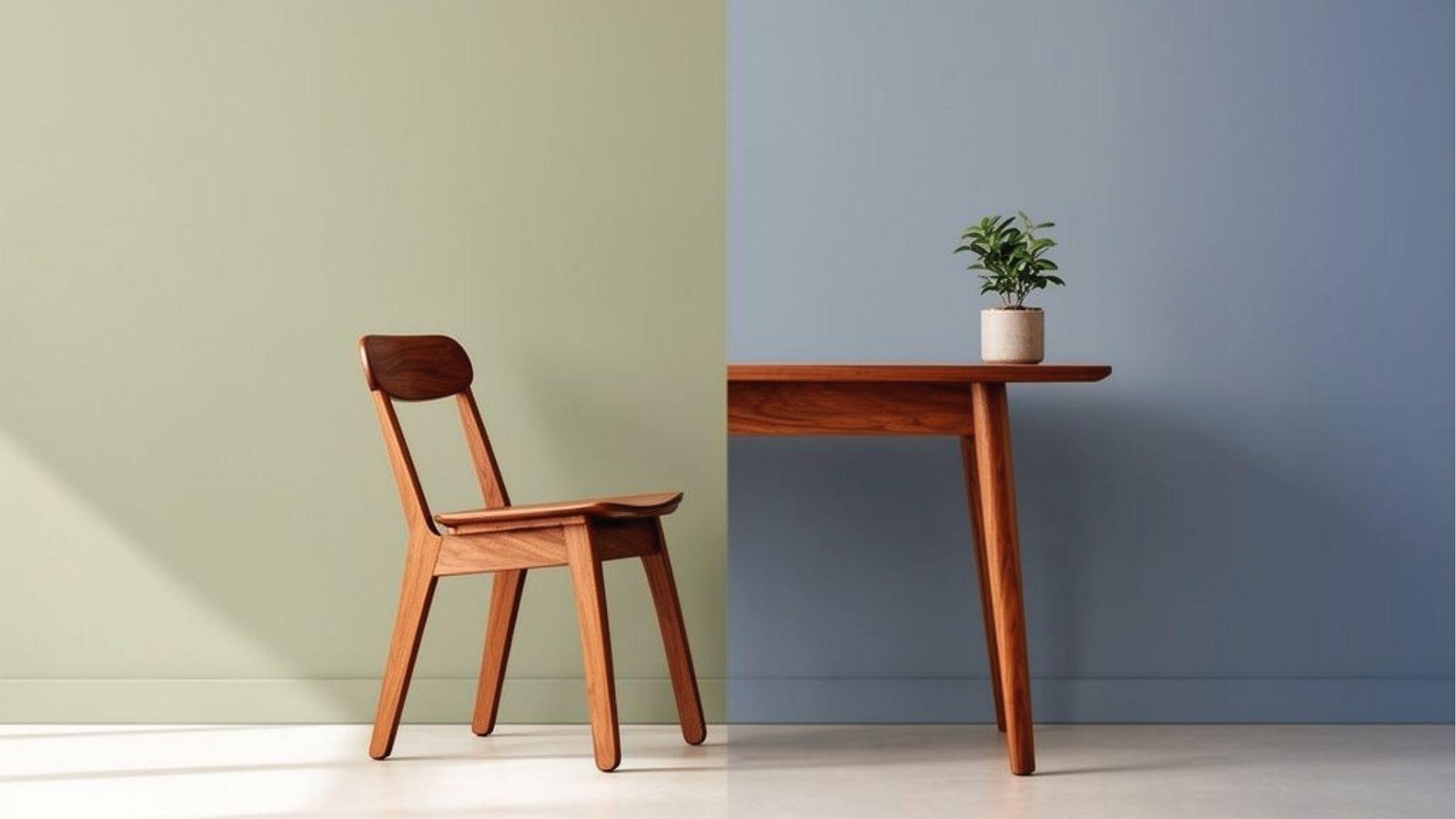 Modern cherry wood chair and table paired with sage green and dusty blue paint swatches.