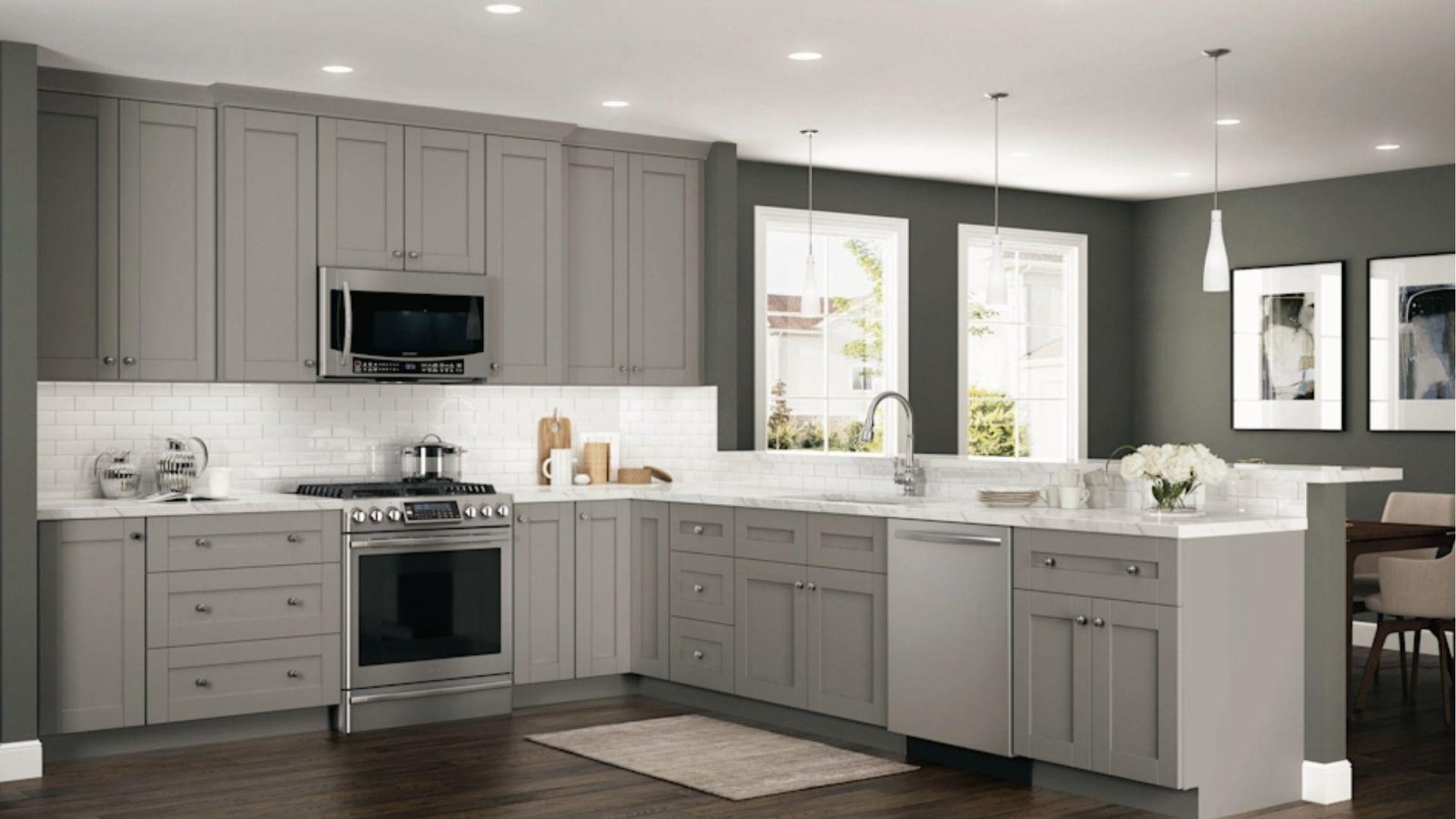 Modern kitchens showcasing grey cabinets with grey wall color.