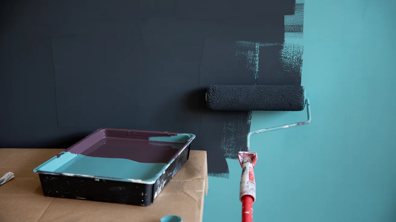 wall paint mix of phthalo turquoise and naphthol crimson creating cool deep black tone applied evenly on interior wall surface.