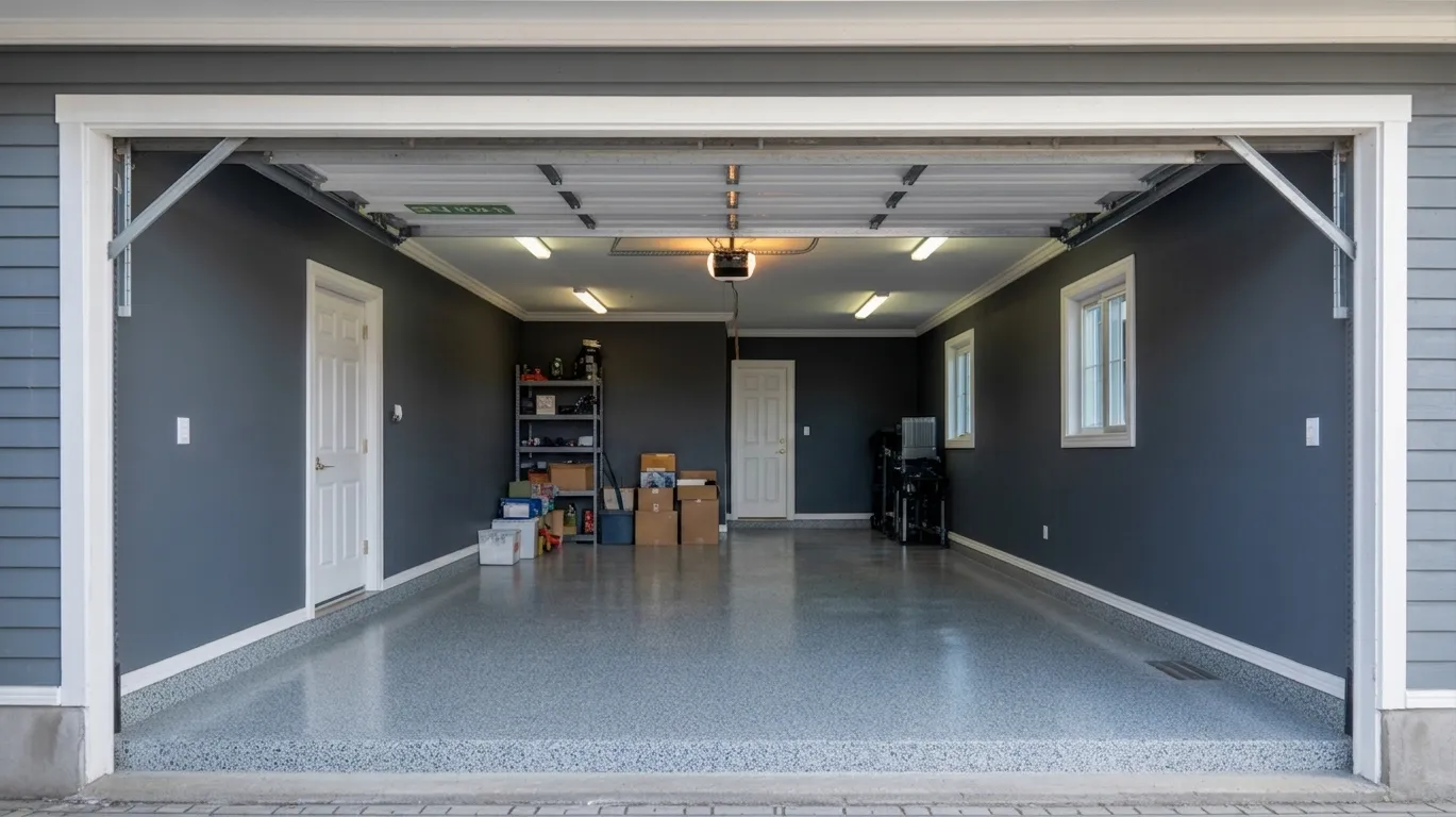 garage with charcoal grey walls and realistic matte epoxy floor showing a clean but practical residential garage with lighting and storage.