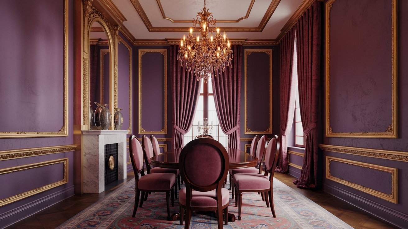 Classy dining room with purple walls and gold decorative accents.