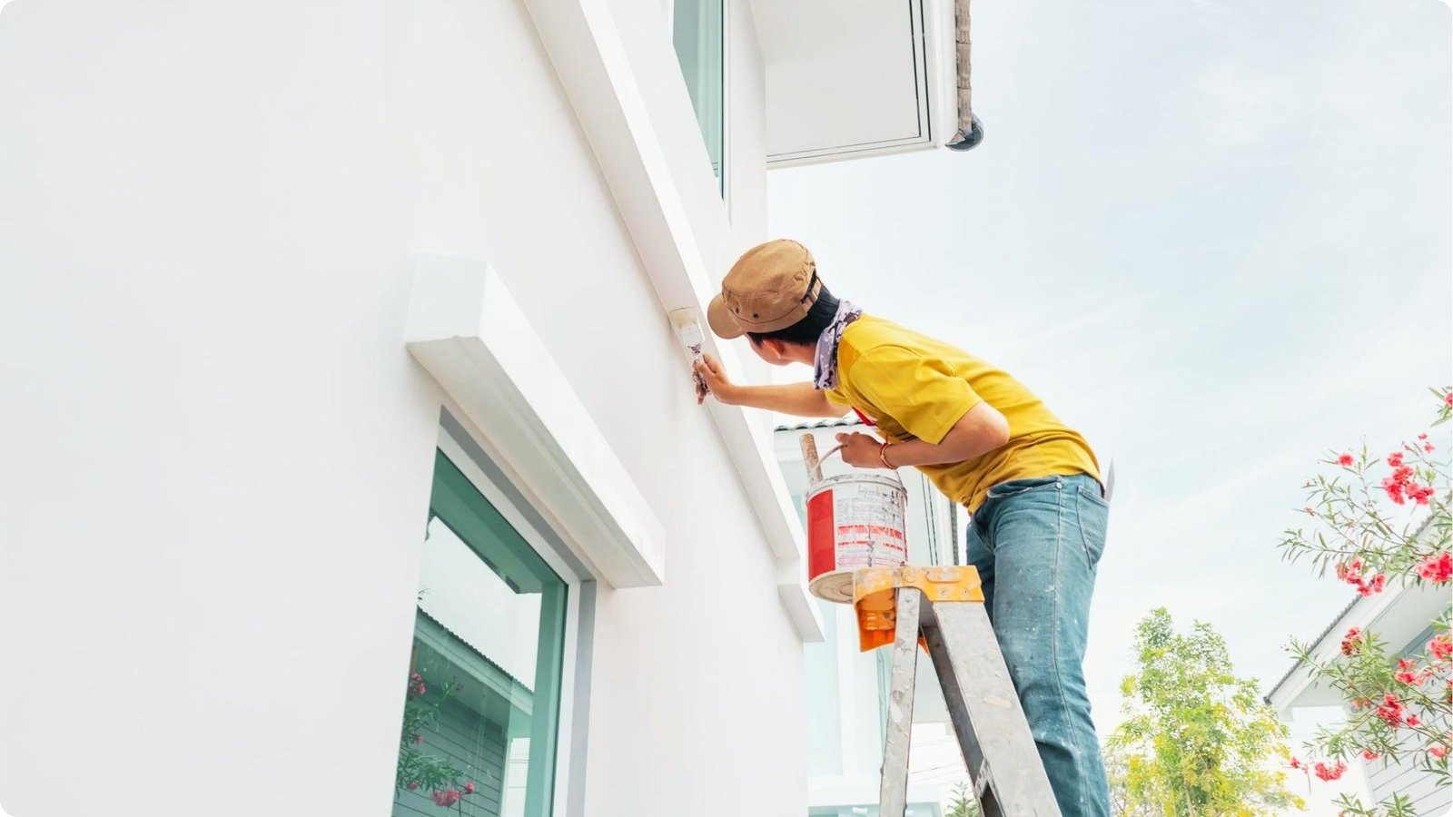 A painter in a yellow shirt and tan cap stands on a ladder, brushing white paint on exterior trim with a paint can hooked nearby.