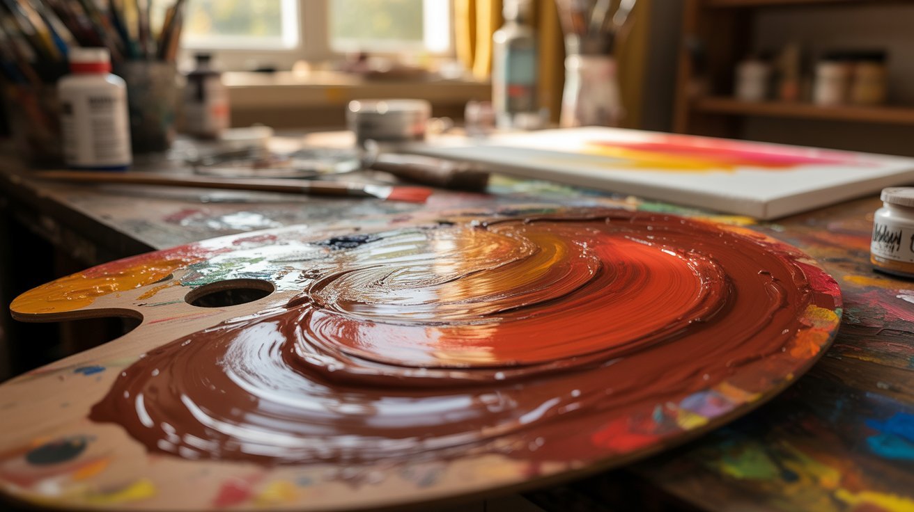 Red paint added to brown paint to create a warm brown shade.