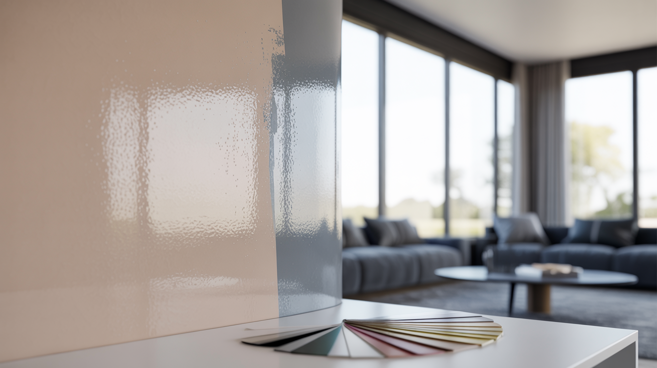 Comparison of flat and eggshell paint finishes on interior walls in a modern living room.