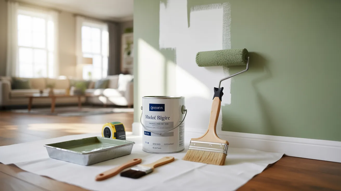 Quart paint can and painting tools beside a partially painted wall in a home renovation setting.