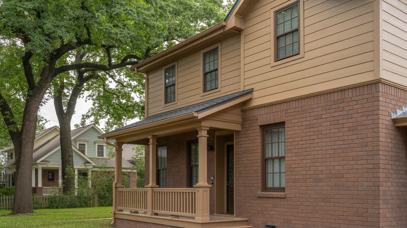 brown brick house paired with beige and taupe paint creating soft natural blended exterior design.