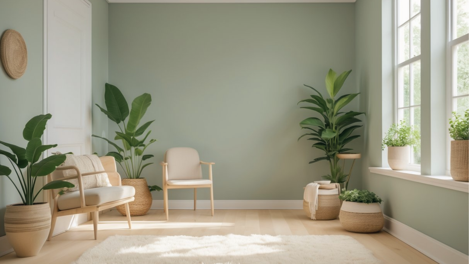 Serene bedroom with sage green walls, plants and natural wood furniture for calming interiors.