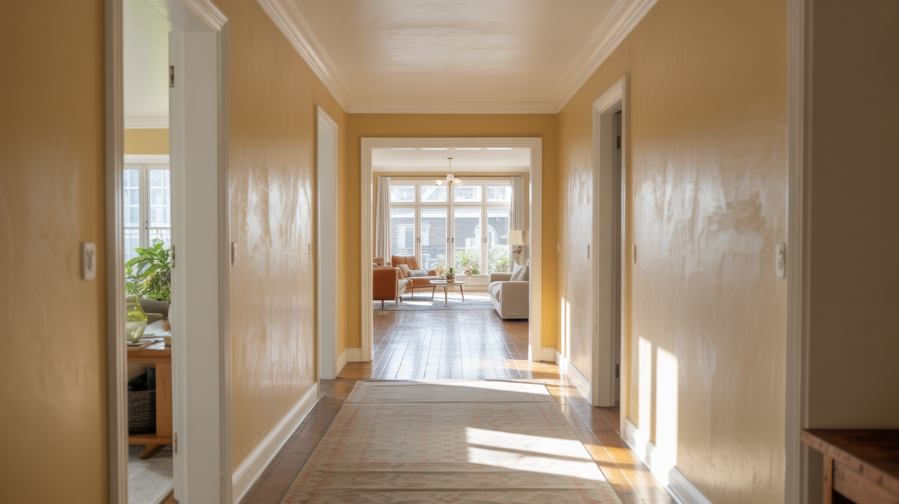 Eggshell paint used in a living room and hallway.