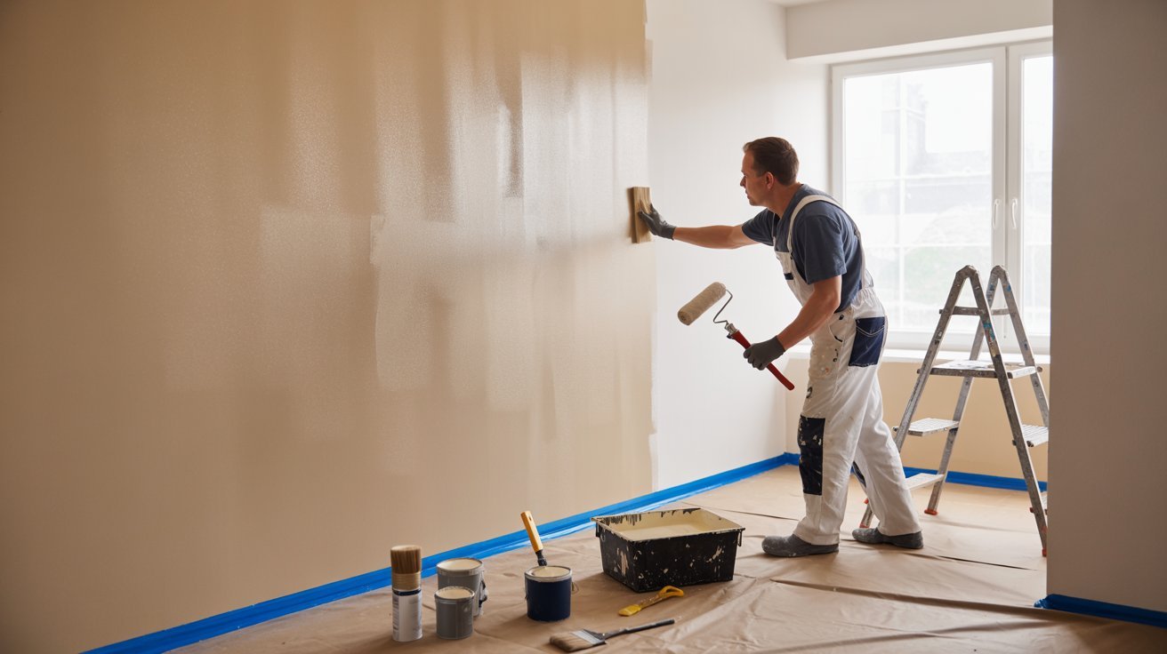 Painter checking wall dryness after primer before painting, tools ready for topcoat application.