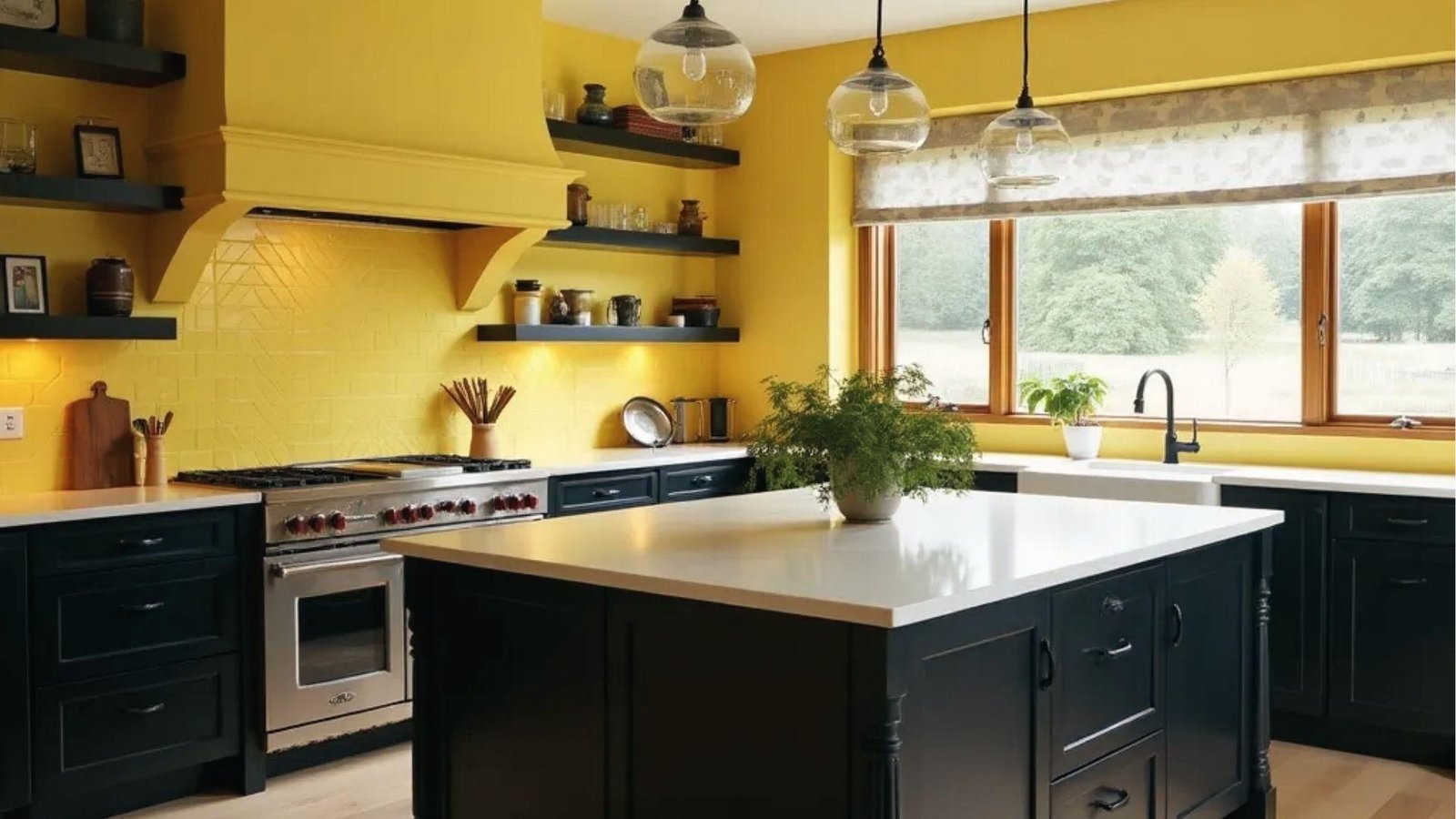 Black cabinets, mustard yellow walls, white counters, black open shelves, bold high-energy contrast