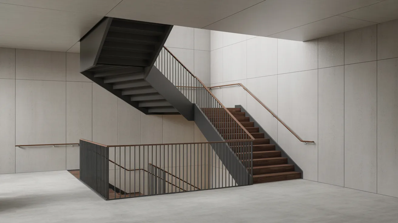 staircase with charcoal grey railings creating subtle depth modern industrial style interior with balanced neutral tones and soft lighting.