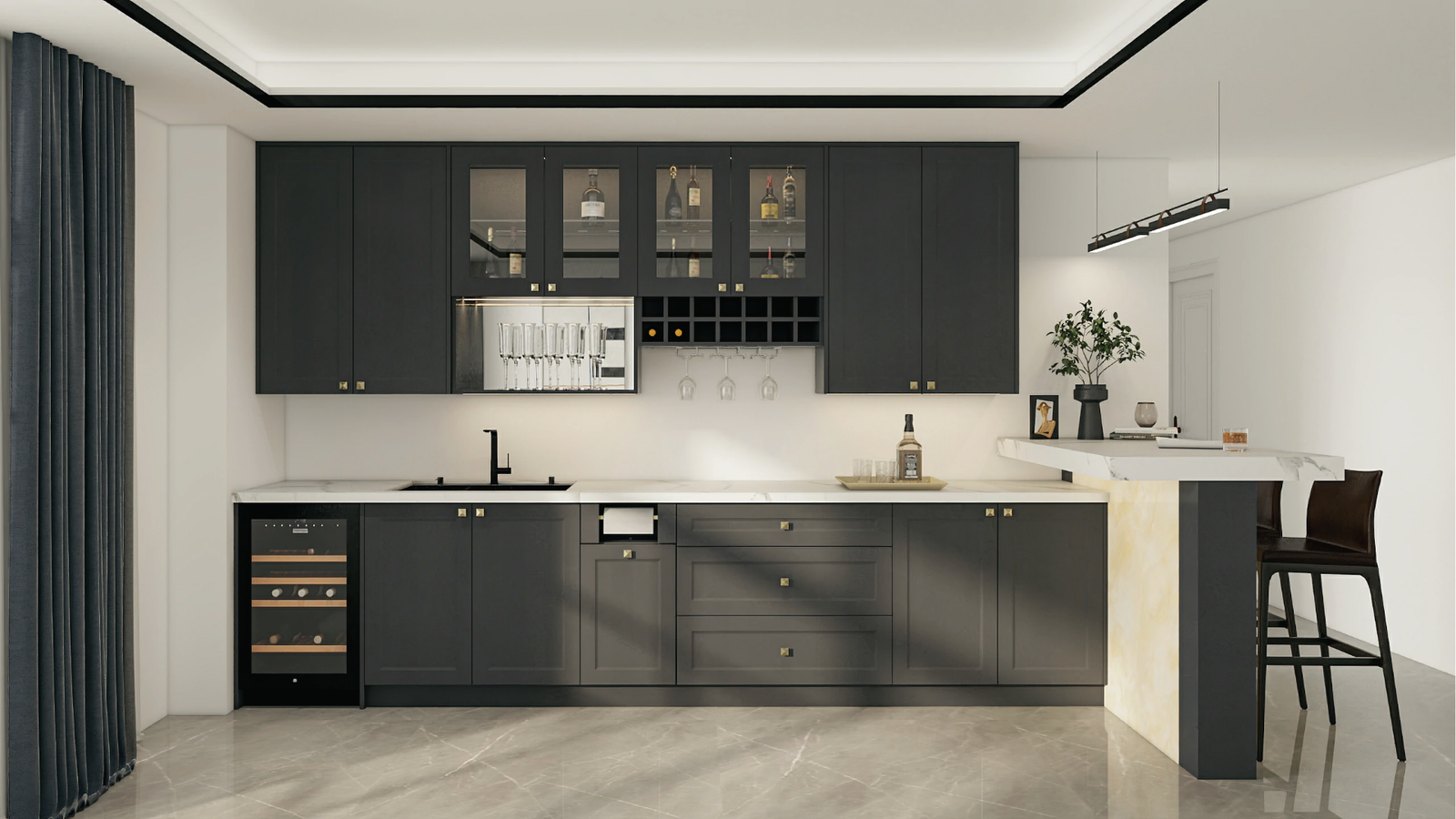 Charcoal gray cabinets, white walls, marble island, glass fronts, sleek high-contrast kitchen design