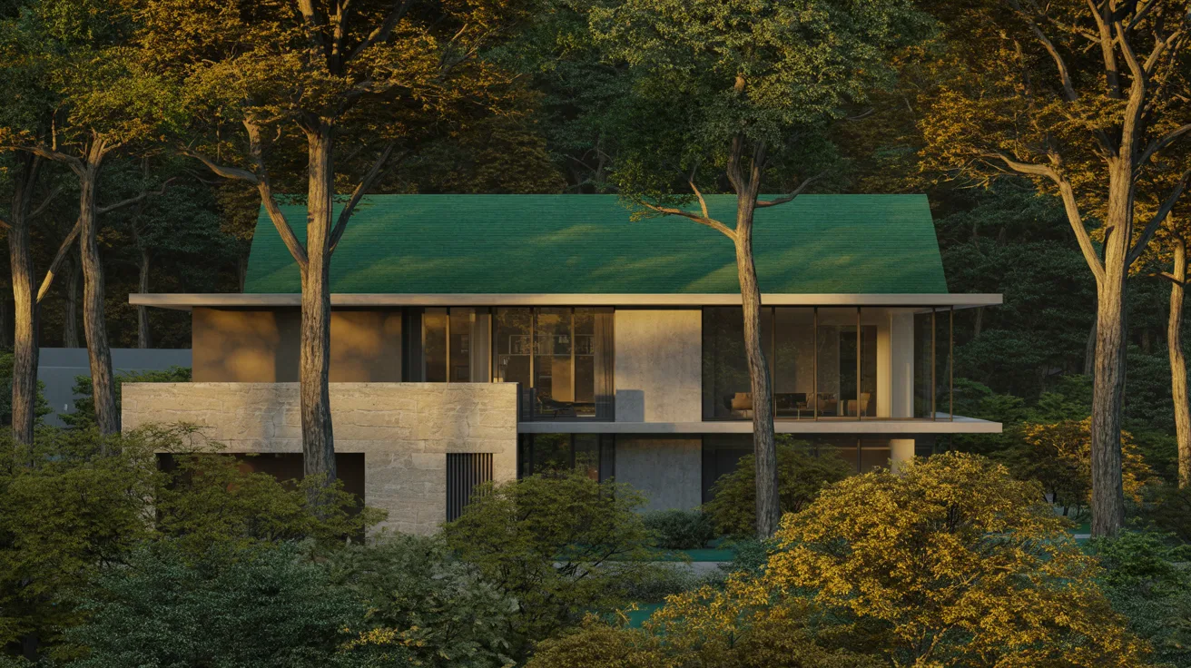 house with green painted roof shingles under different lighting and surroundings showing how sun exposure style and environment affect exterior paint choices.