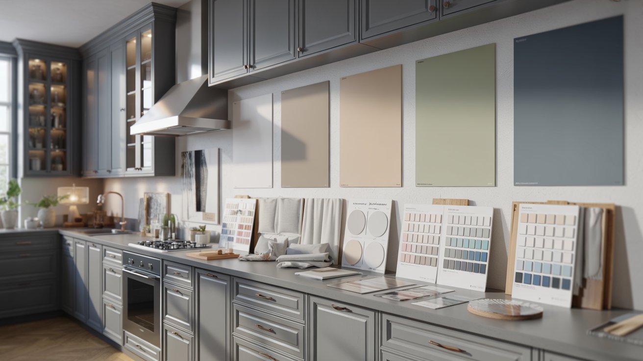 Grey kitchen cabinets paired with white, greige, sage green, navy blue, cream, light grey, and charcoal wall colors in a modern kitchen setting.