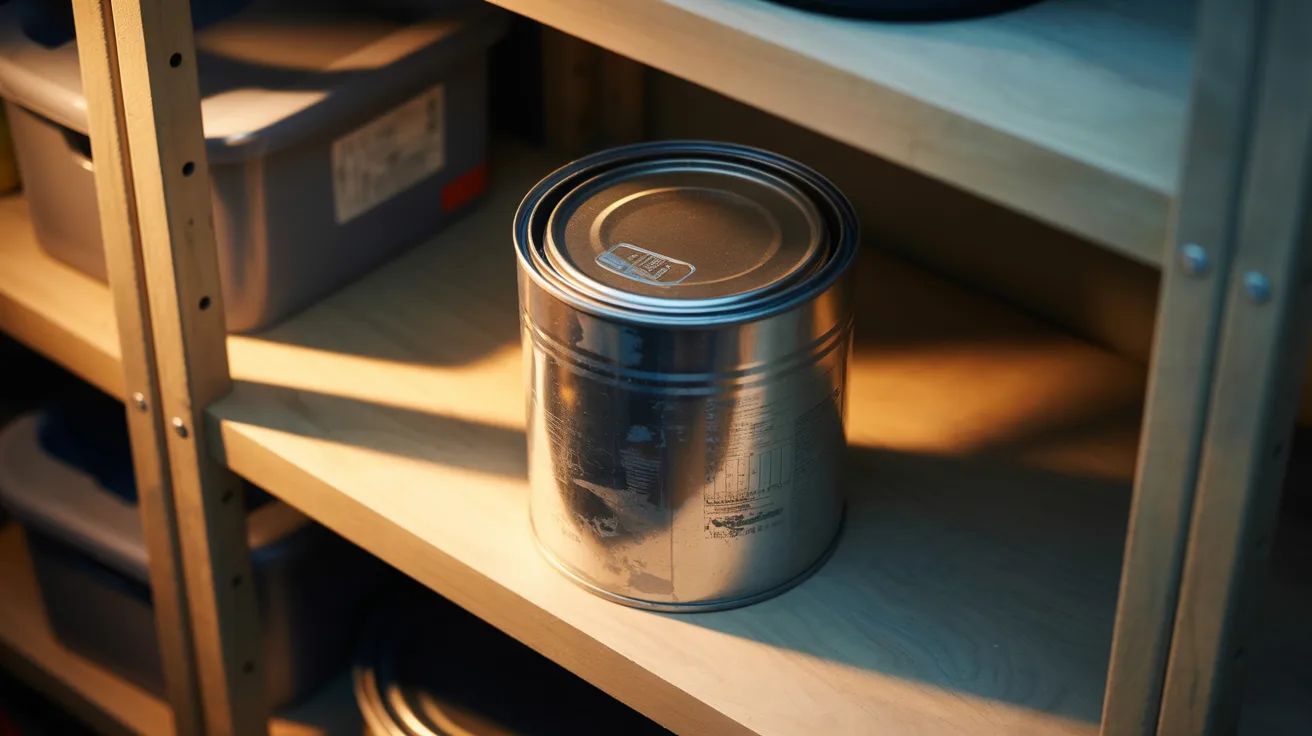 Paint can be stored in the garage showing aging effects and storage conditions influencing paint shelf life and expiration.