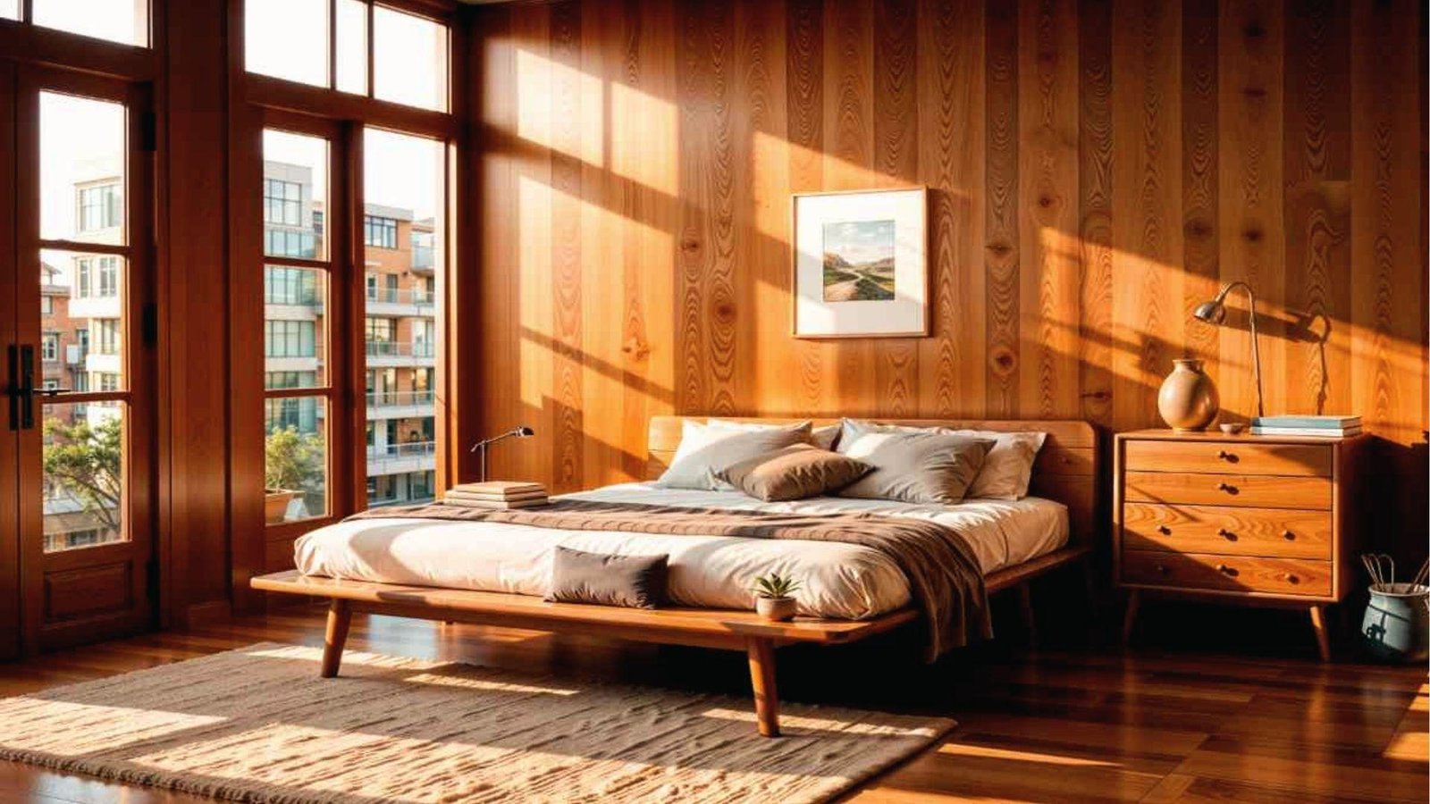 Sunlit bedroom with warm cherry wood panel walls, floors, platform bed, mid-century.