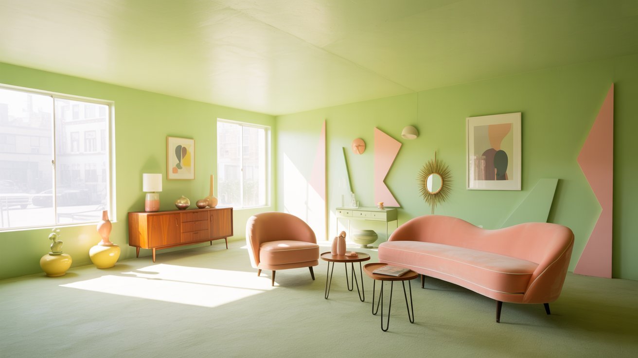 Retro room featuring mint green walls and bubblegum pink decorative accents.
