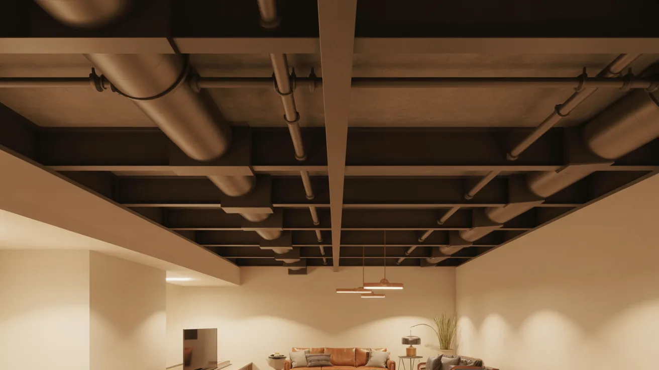 Modern basement with matte black painted ceiling hiding pipes creating stylish industrial cozy finished interior lighting design.