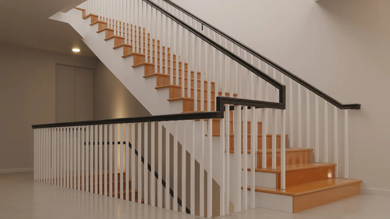 staircase with two tone railings black handrail and white balusters creating bold structured modern interior design contrast.