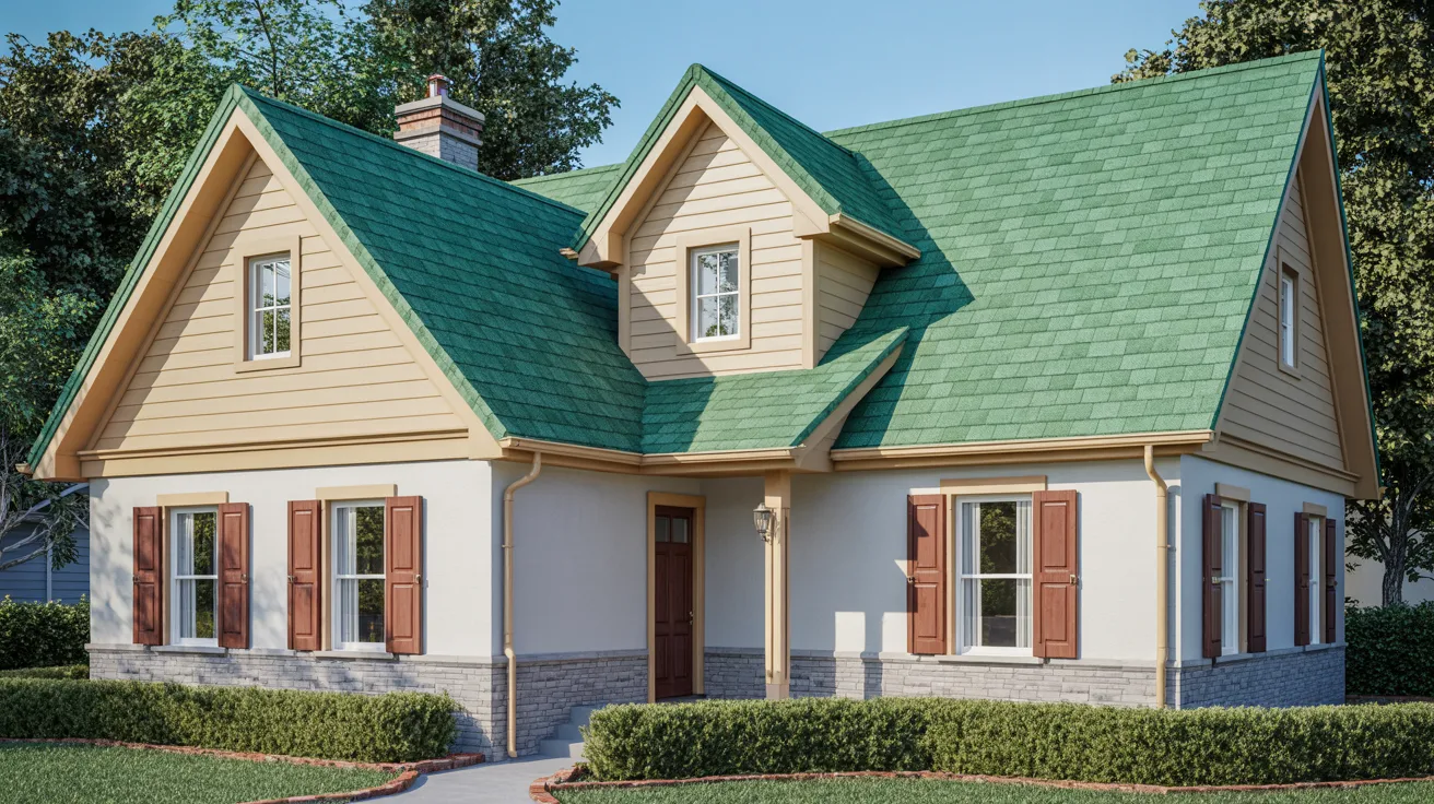 house with green painted roof and white or cream walls creating clean timeless exterior look with bright crisp and welcoming appearance.