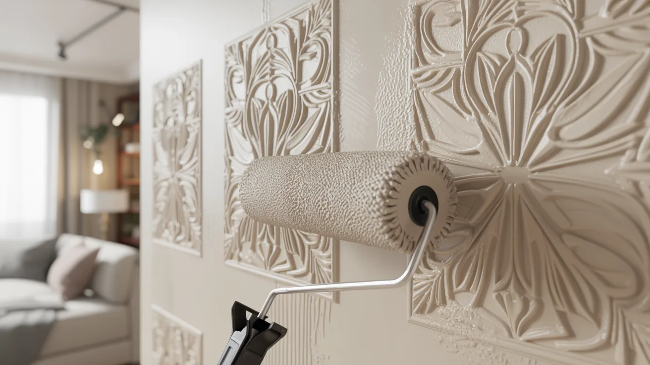 Textured roller creating decorative wall pattern with embossed paint design effect.