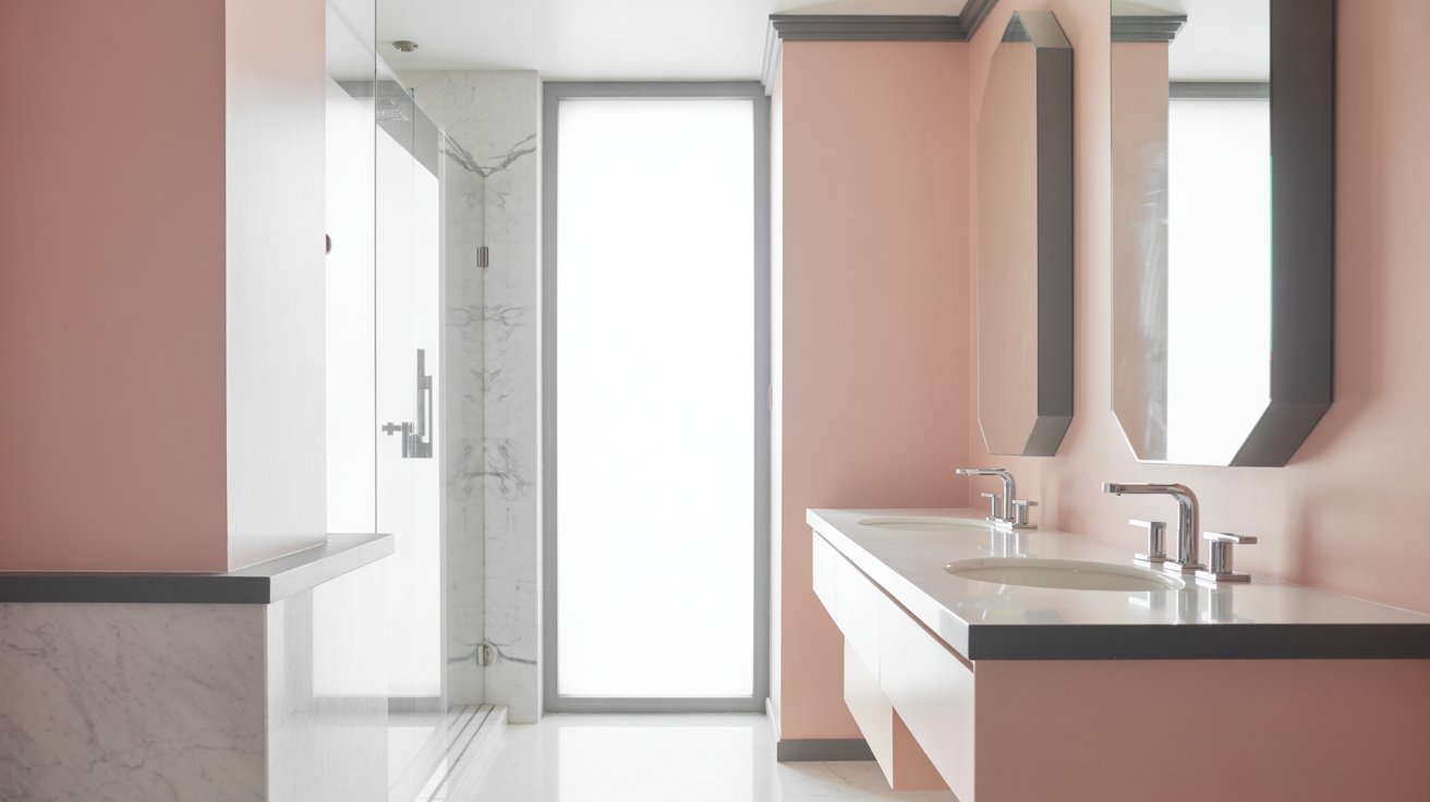 Modern bathroom with pink walls and gray decorative elements.