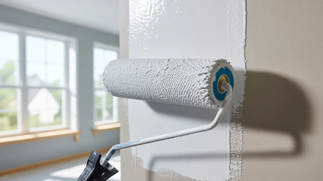 Medium nap roller applying paint on lightly textured wall with even coverage.
